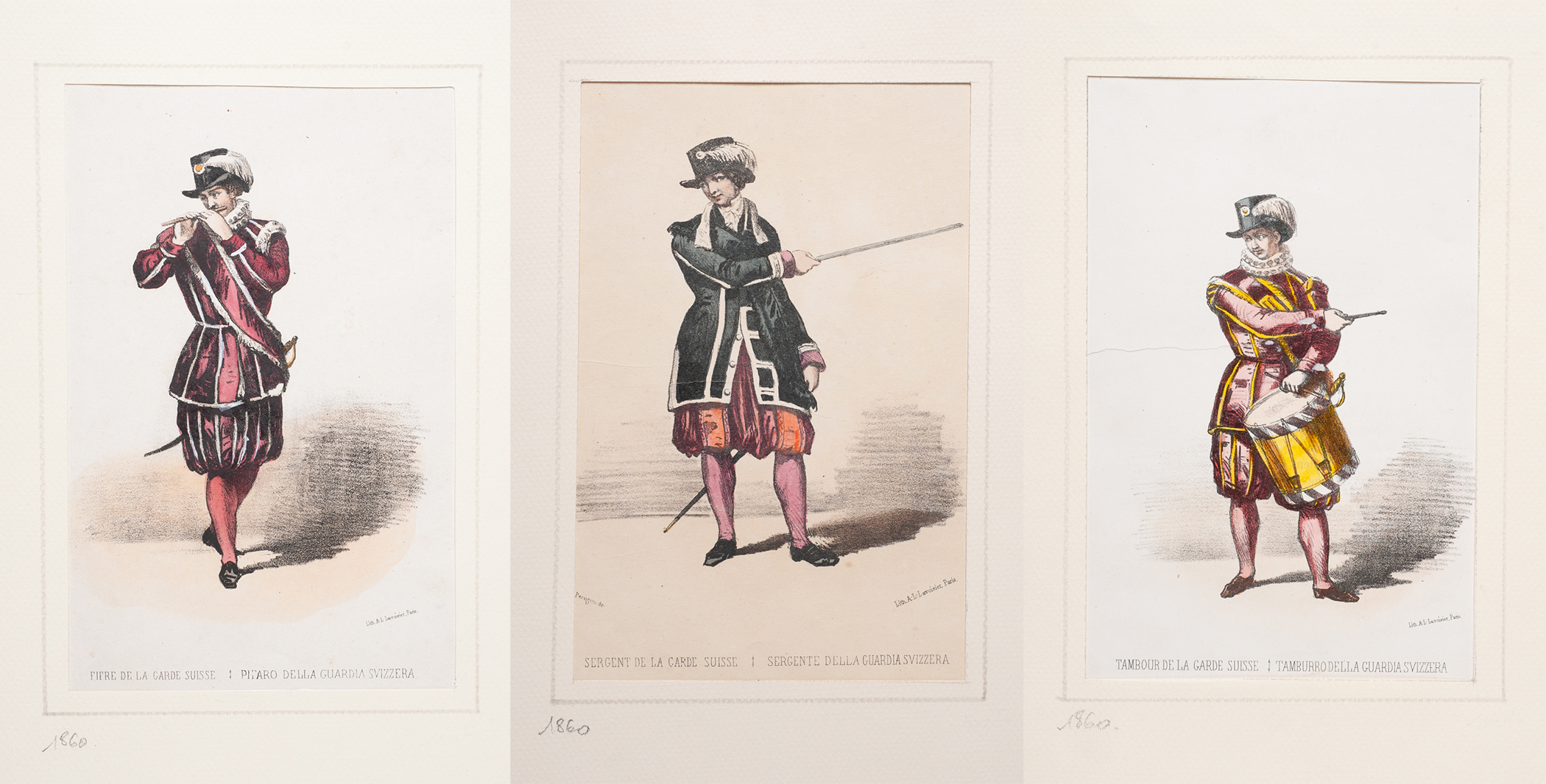 Set of three lithographed engravings formerly nuanced in watercolor, about the Swiss Guard