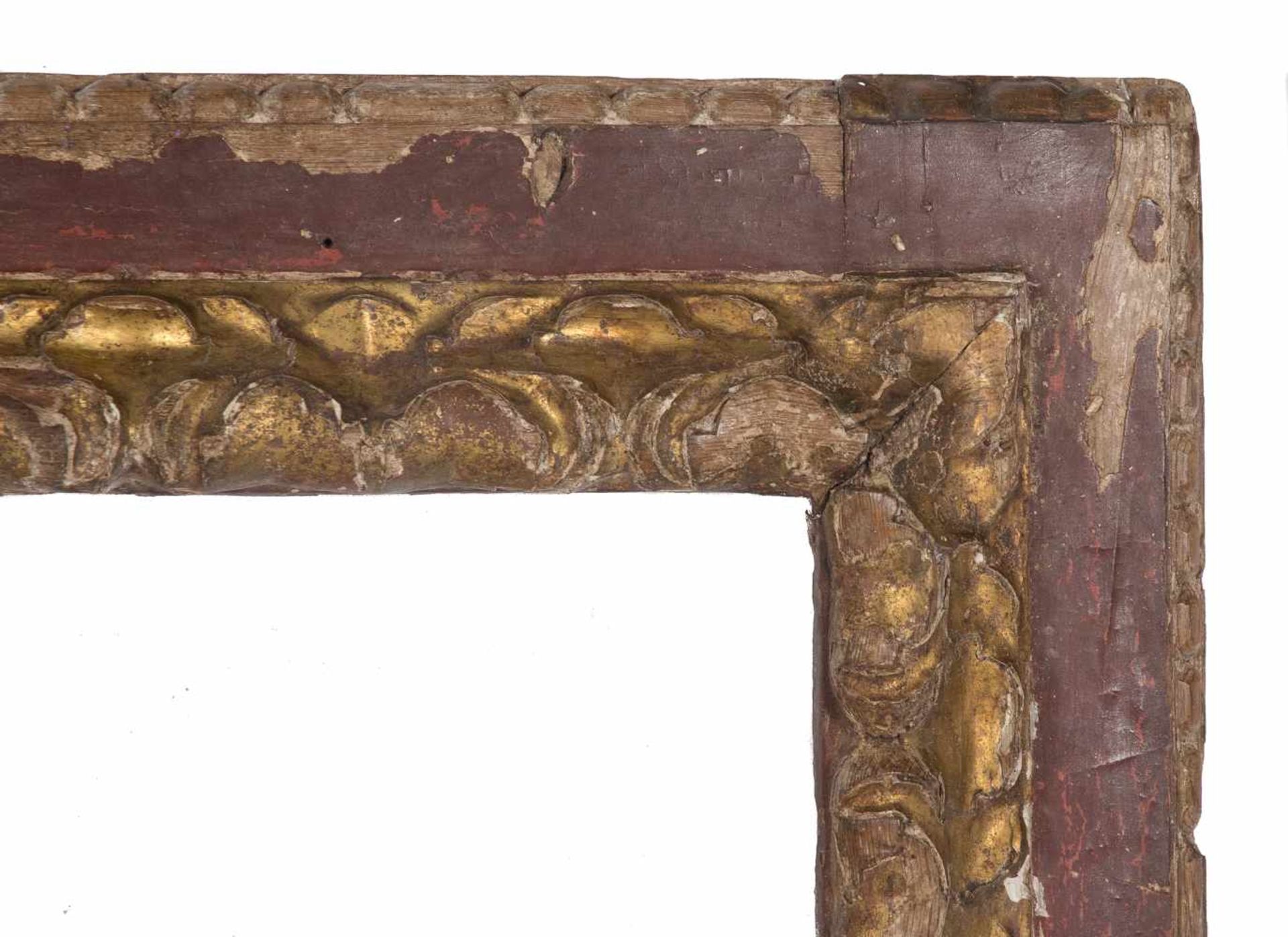 Large, carved wooden frame with polychrome and gilt residue. 17th century. - Bild 2 aus 3