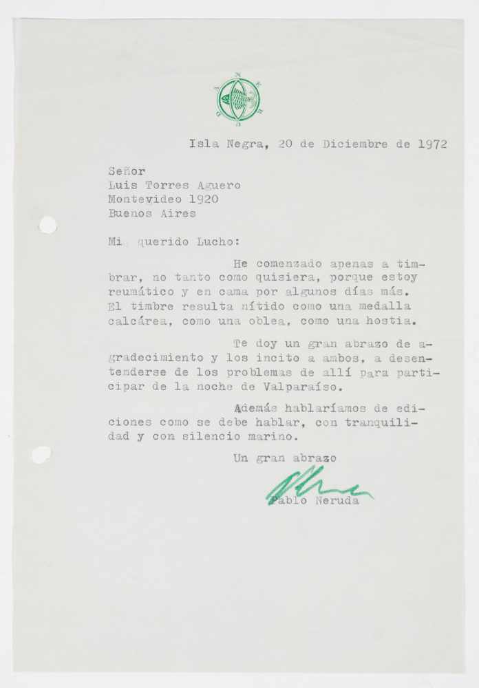 - Letter from Pablo Neruda to Luis Torres Agüero. Isla Negra 20th December 1972. Inviting