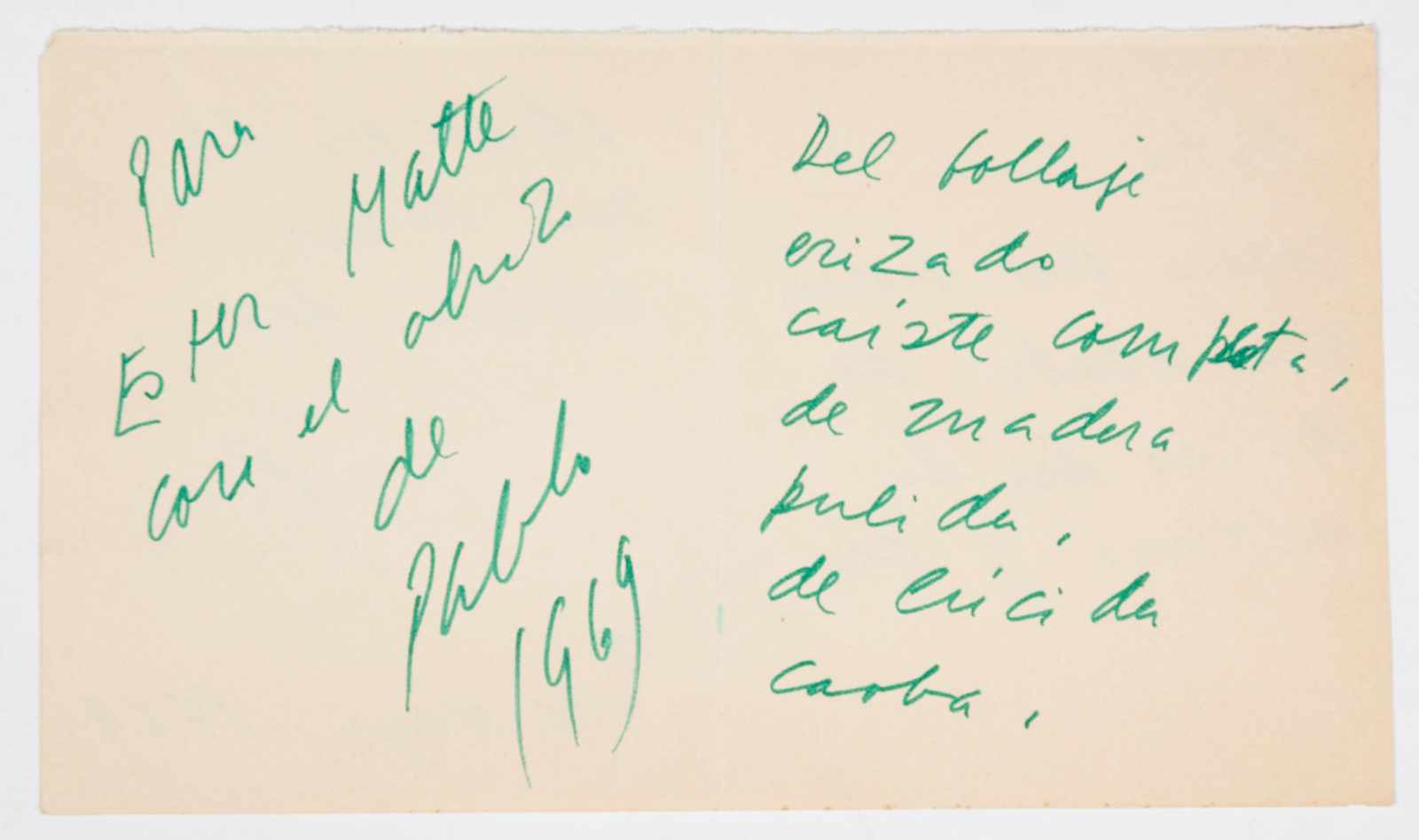 Poem for Ester Matte. Poem handwritten in green ink by Pablo Neruda addressed to Ester Matte. On a