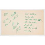 Poem for Ester Matte. Poem handwritten in green ink by Pablo Neruda addressed to Ester Matte. On a