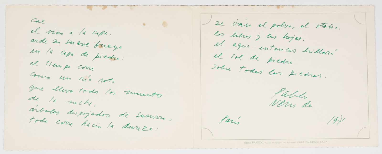Neruda, Pablo. “Las piedras del cielo” (Heaven Stones / Stones of the Sky). (4 pages). Poem - Image 2 of 3