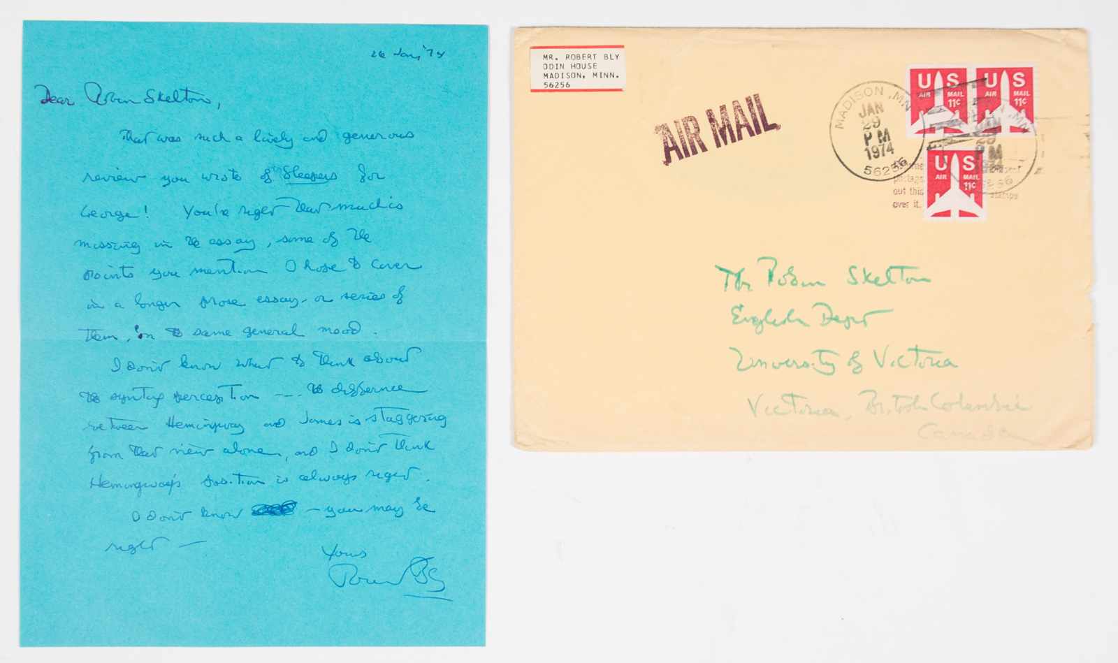 Set of two documents- A handwritten and signed letter from Robert Bly addressed to the literary