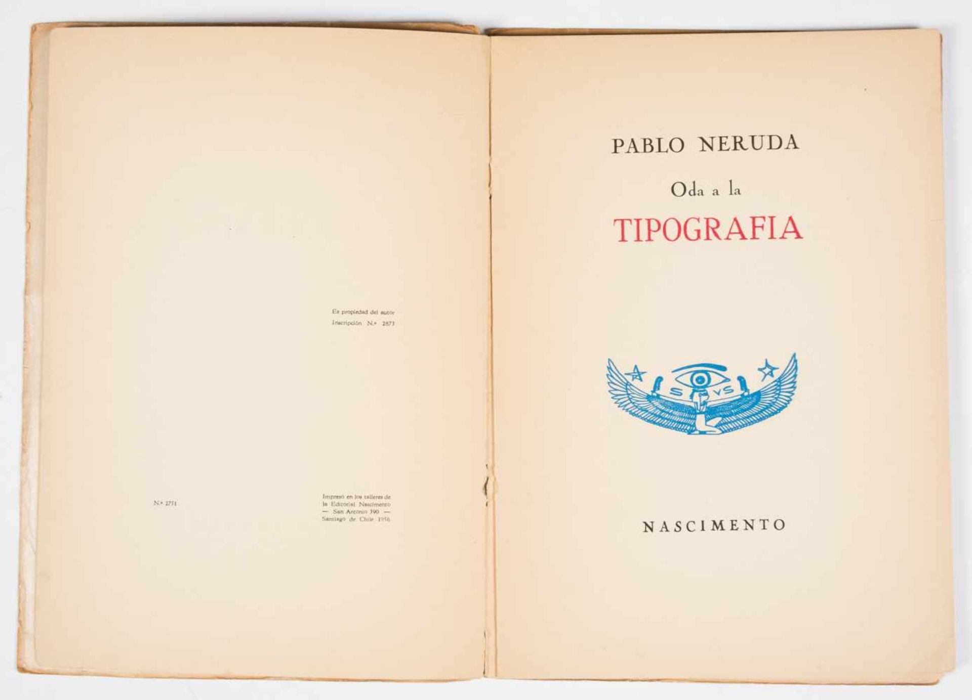 Neruda, Pablo. "Oda a la tipografía". (Ode to typography). 1st edition. Santiago de Chile. Published - Bild 4 aus 6