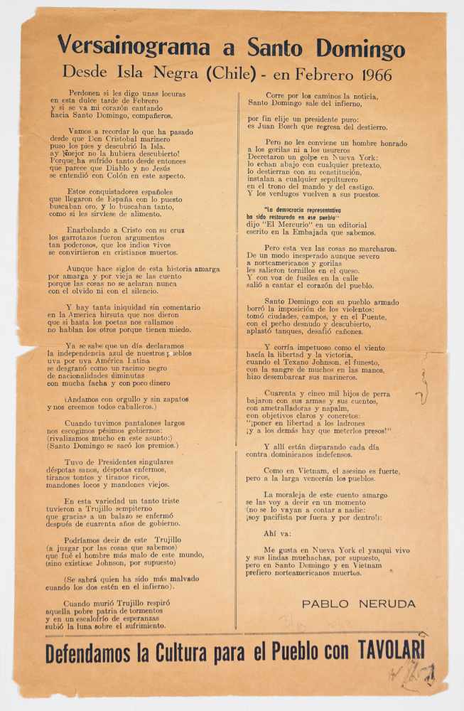 Neruda, Pablo. “Versainograma a Santo Domingo”. 1966. 1 p. 35 x 22 cm. Loose pamphlet folded in half