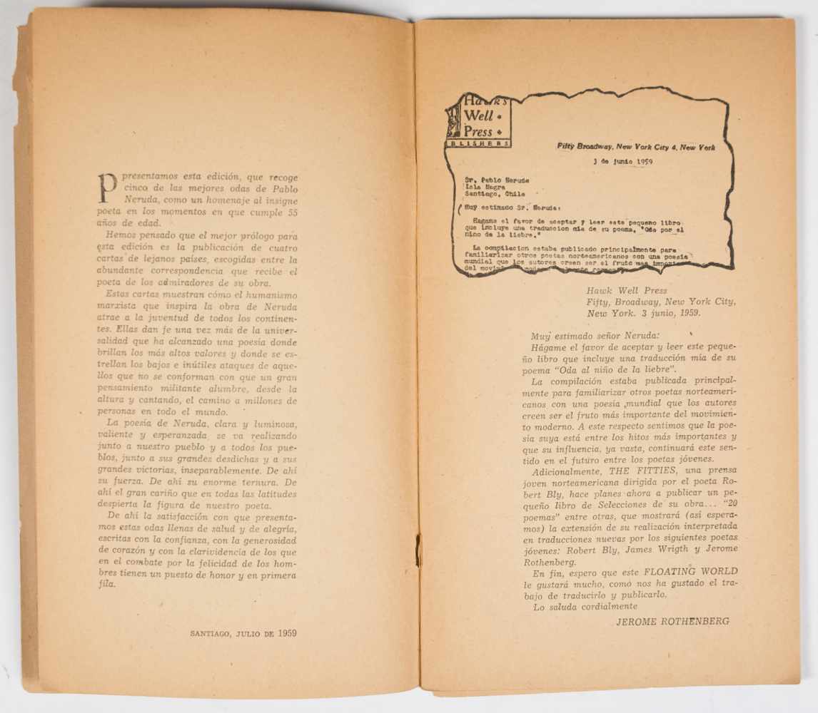 Neruda, Pablo. “Algunas Odas”. Edición de 1955. With a handwritten dedication: “A Raquel Tagle Pablo - Image 4 of 4