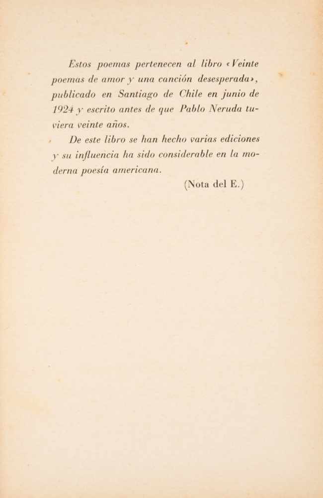 Neruda, Pablo. Primeros poemas de amor. (First love poems) 1st edition. Madrid: Published by - Image 2 of 4