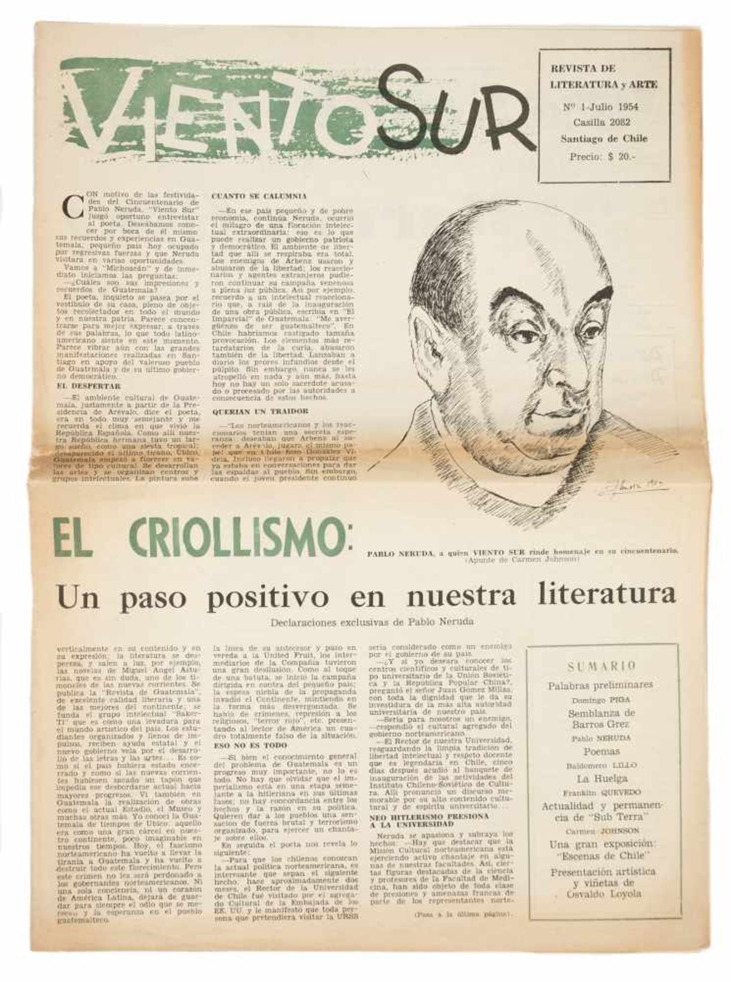 Magazine. Viento Sur: Literature and Art magazine. Criollismo: Un paso positivo en nuestra