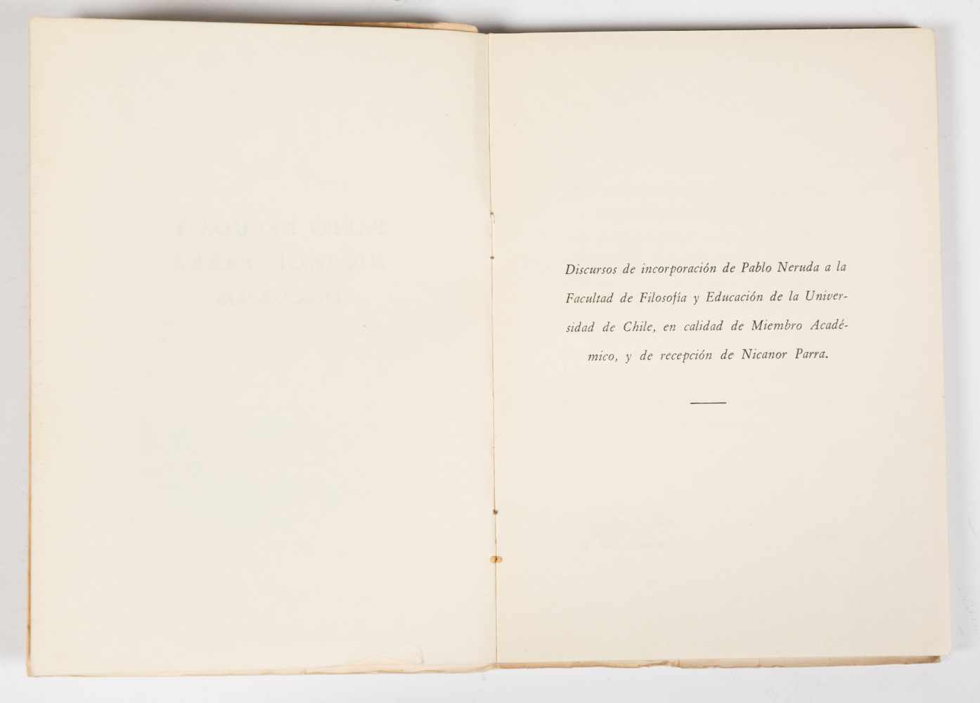 Neruda, Pablo; Parra, Nicanor. "Discursos" (Speeches). 1st edition. Santiago de Chile: Published - Image 3 of 4