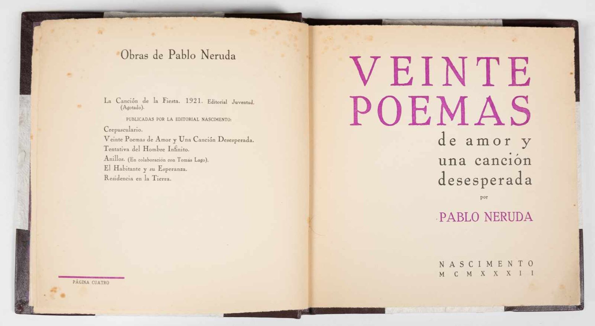 Neruda, Pablo. "Veinte poemas de amor y una canción desesperada". (Twenty Love Poems and a Song of - Bild 3 aus 8