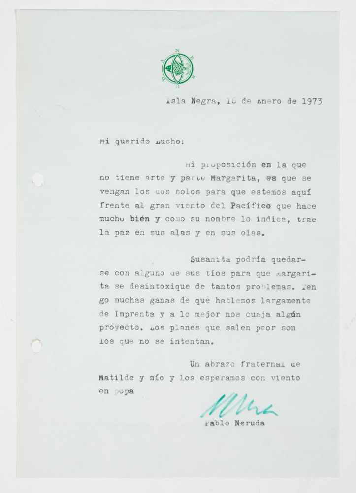 - Letter from Pablo Neruda to Luis Torres Agüero. Isla Negra 20th December 1972. Inviting - Image 2 of 2