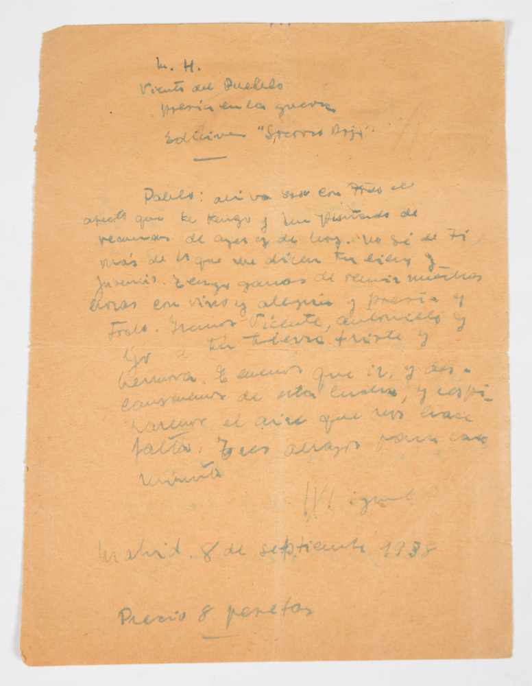 Letter from Miguel Hernández to Pablo Neruda. Dated in Madrid, 8th September 1938. Handwritten