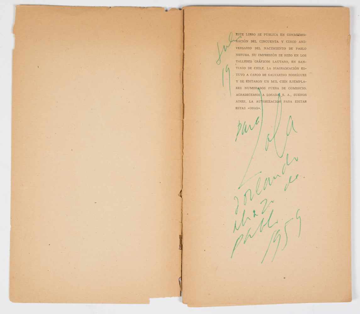 Neruda, Pablo. “Algunas Odas”. Edición de 1955. With a handwritten dedication: “A Raquel Tagle Pablo - Image 2 of 4