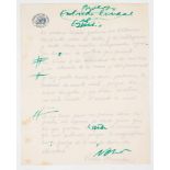 Text handwritten in blue ink with corrections handwritten in green ink. With Pablo Neruda’s