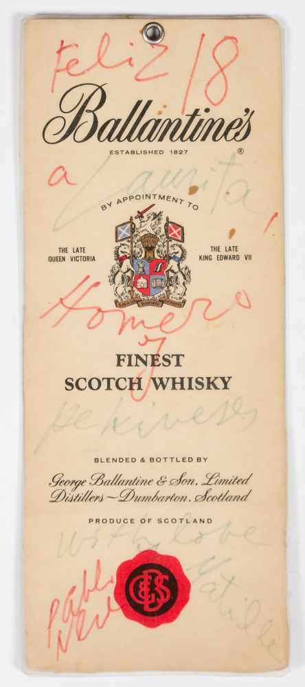 Publicity card for Ballantine’s whiskey, with some notes handwritten in red and green ink: “Feliz 18