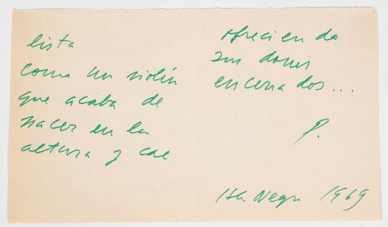 Poem for Ester Matte. Poem handwritten in green ink by Pablo Neruda addressed to Ester Matte. On a - Image 2 of 2
