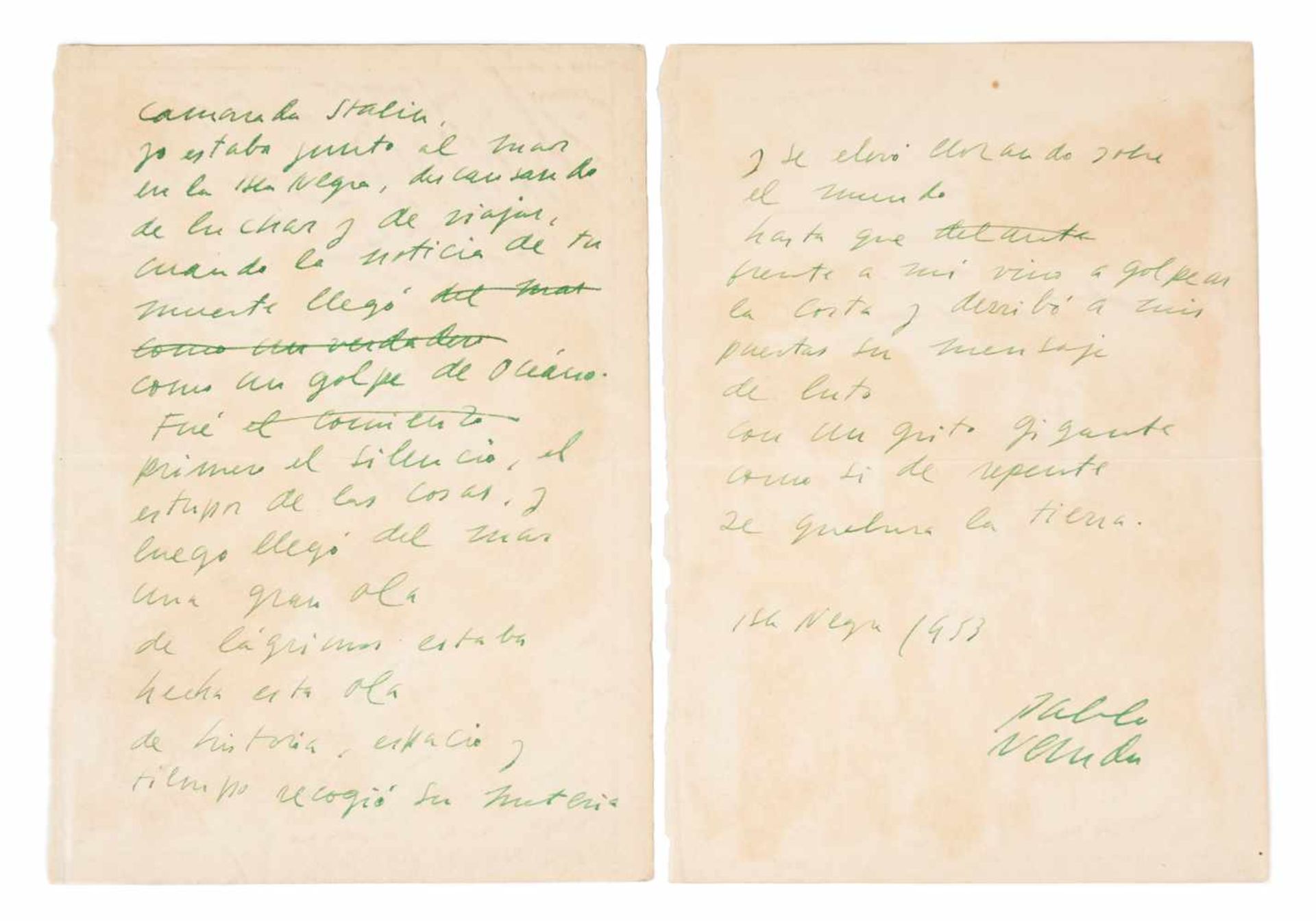 Neruda, Pablo. Original poem, n° 1 de "En su muerte (On his death)" (1953), dedicated to Stalin, - Bild 4 aus 4