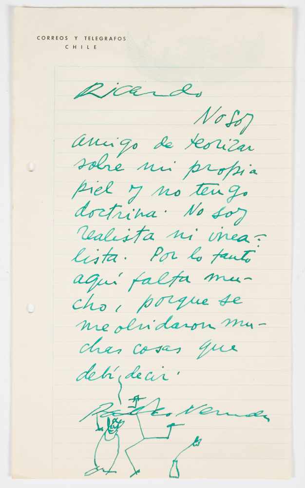 Neruda, Pablo. Letter handwritten in green ink on lined paper with the Correos y Telégrafos de Chile