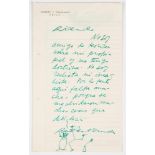 Neruda, Pablo. Letter handwritten in green ink on lined paper with the Correos y Telégrafos de Chile