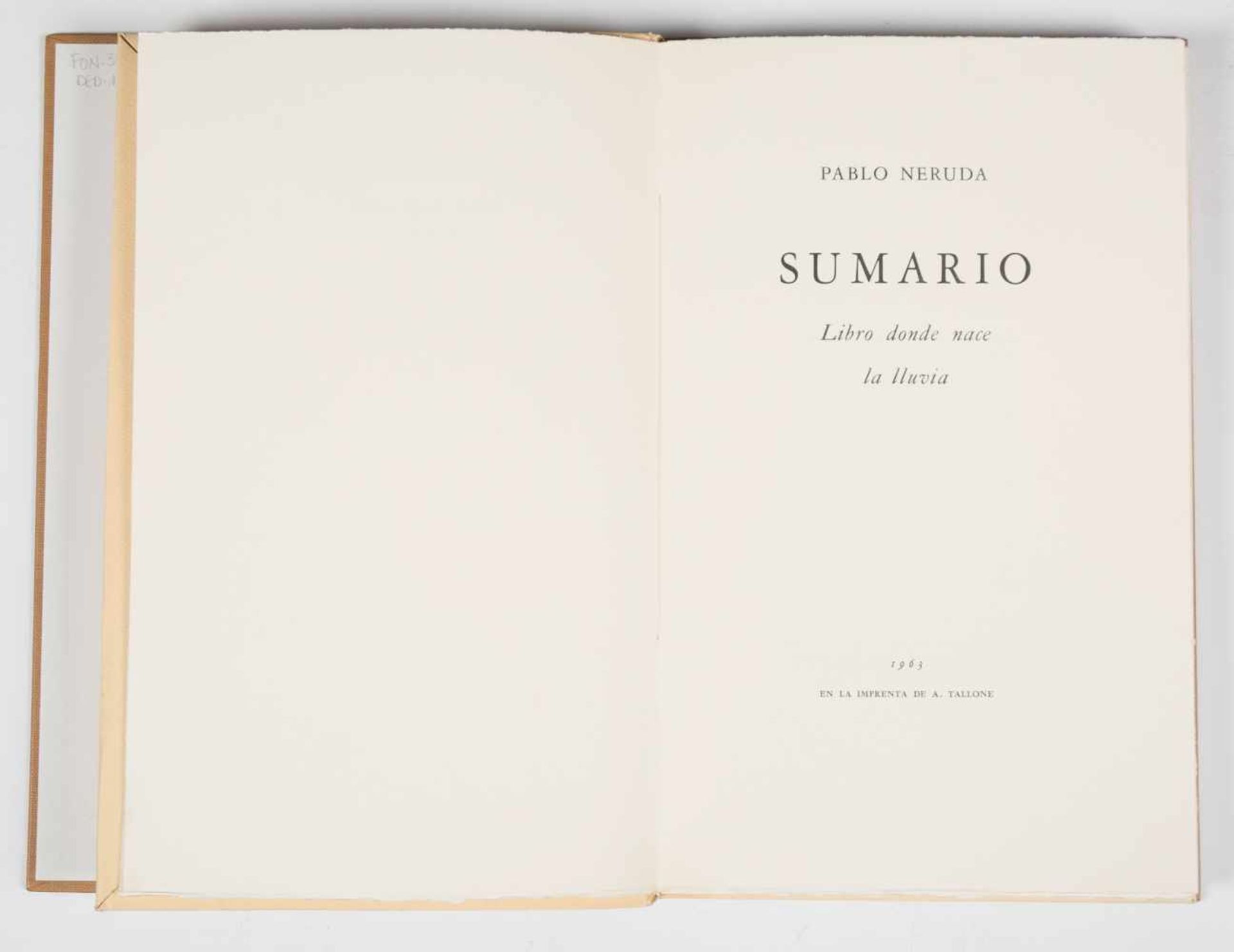 Neruda, Pablo. Sumario: libro donde nace la lluvia. 1st edition. Published by Alpignano. Alberto - Bild 3 aus 6