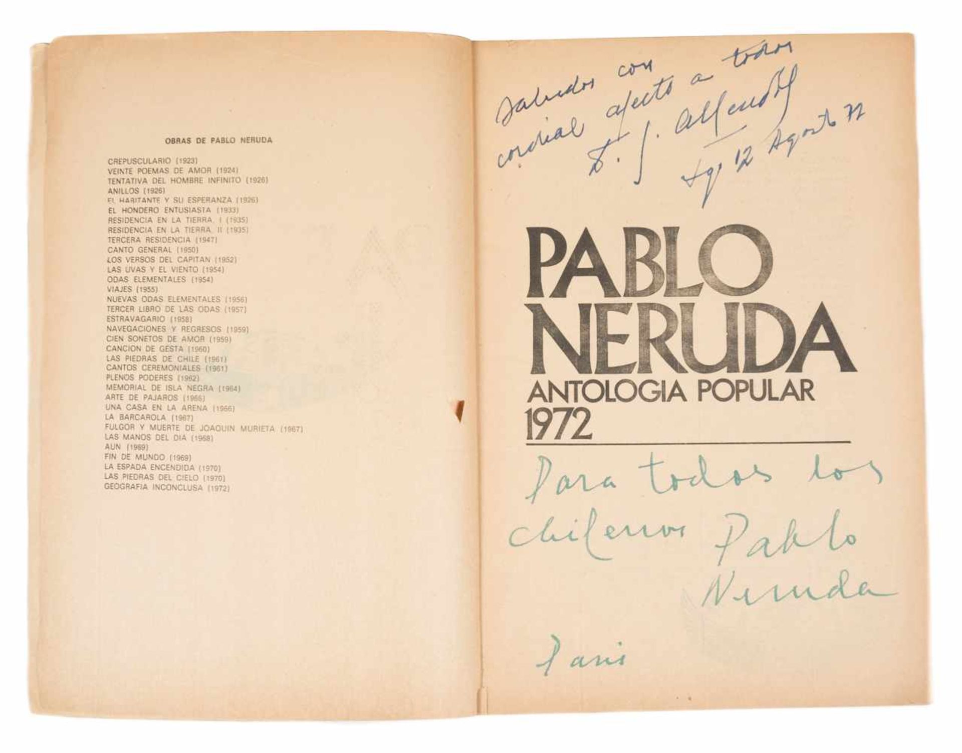 Neruda, Pablo. Antología popular (Popular Anthology): 1972 (selected poems by Pablo Neruda). 1st