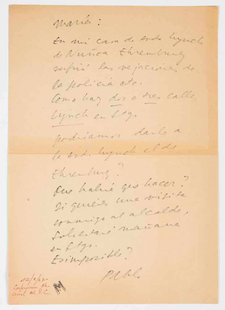 Letter handwritten in black ink by Pablo Neruda addressed to “María” in which he explains that “en