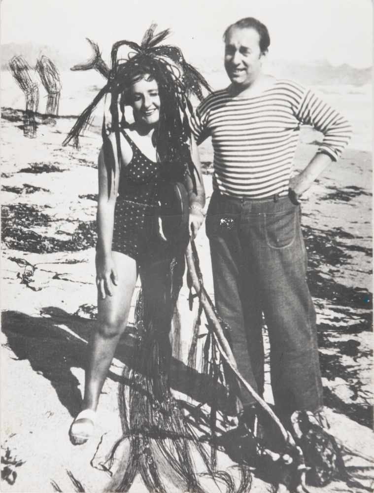 Two original black and white photographs of Pablo Neruda and Maruja Mallo on a beach in Chile. Circa