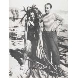 Two original black and white photographs of Pablo Neruda and Maruja Mallo on a beach in Chile. Circa