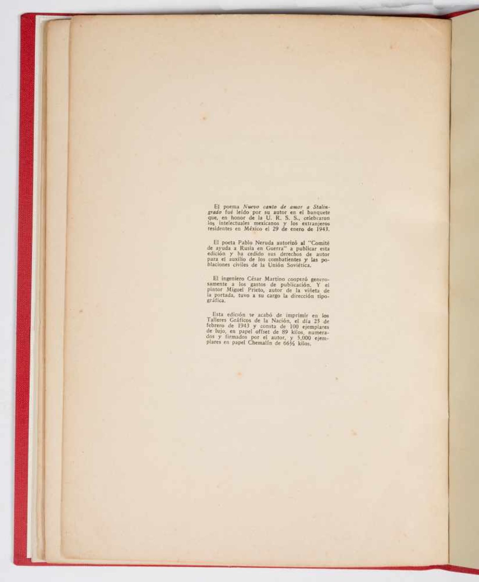 Neruda, Pablo. "Nuevo canto de amor a Stalingrado". 1st edition. Mexico. Published by the Comité - Bild 3 aus 3