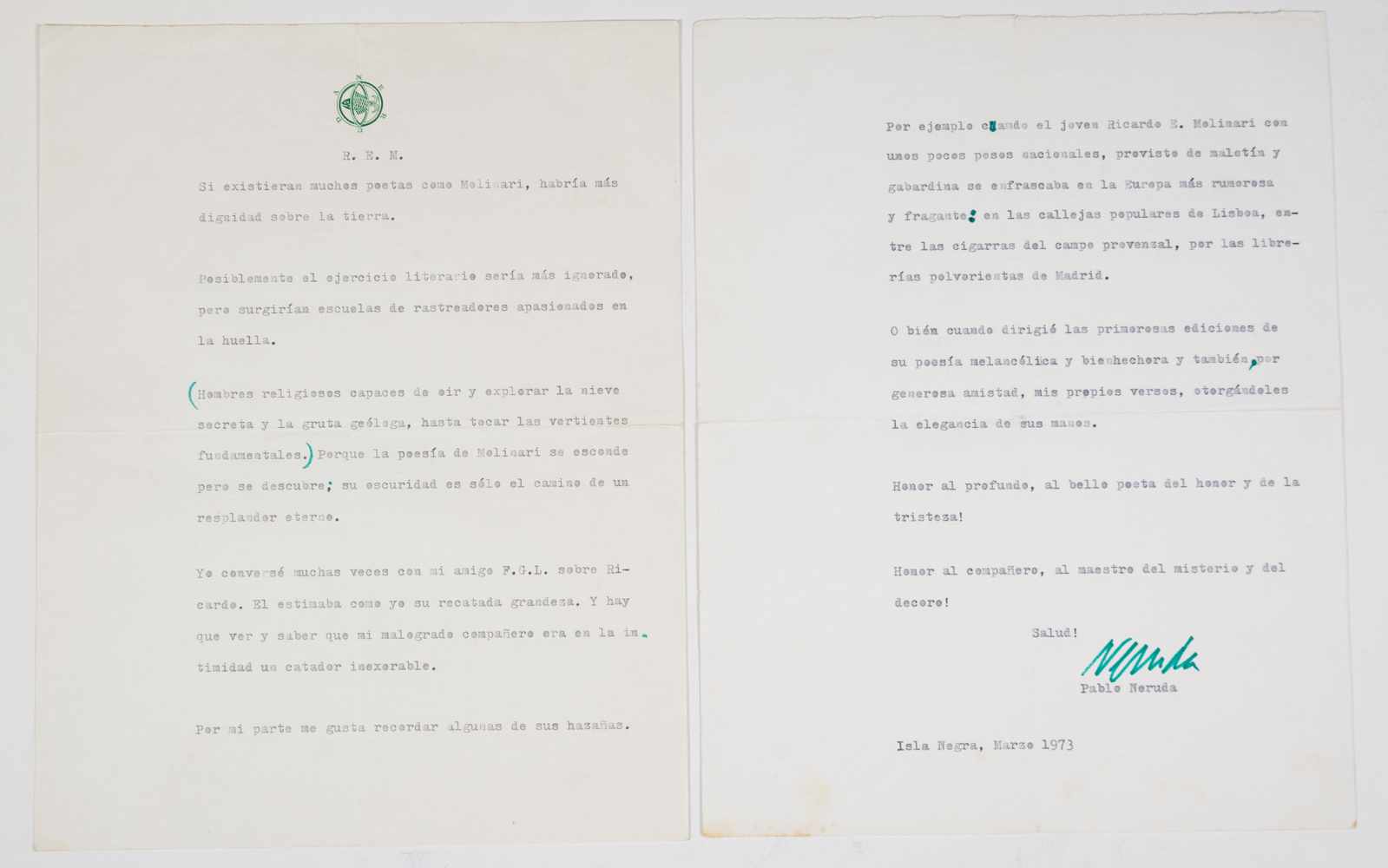 Original text by Pablo Neruda. The subject is Ricardo E. Molinari. Isla Negra, March 1973. Two pages