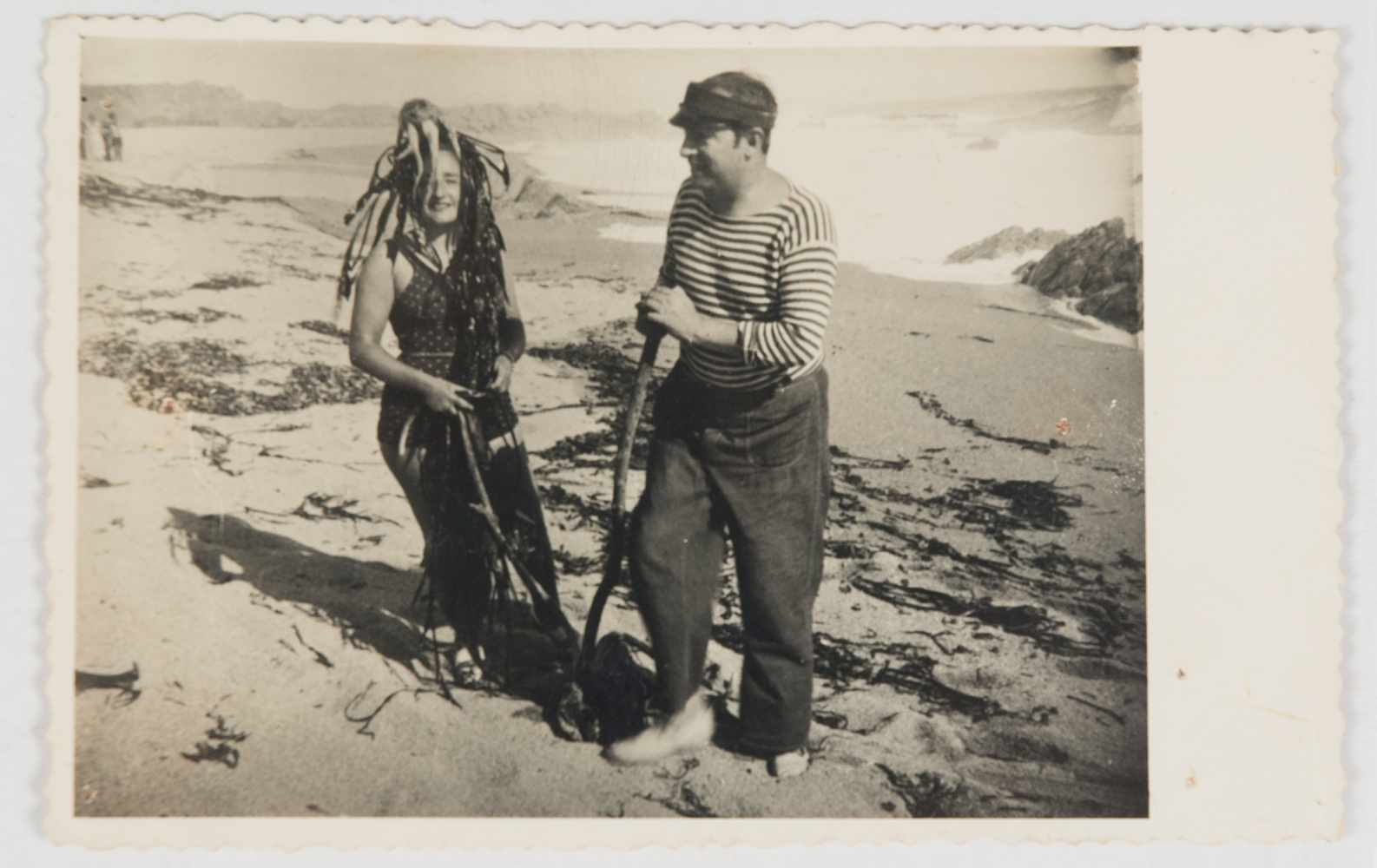 Two original black and white photographs of Pablo Neruda and Maruja Mallo on a beach in Chile. Circa - Image 3 of 3