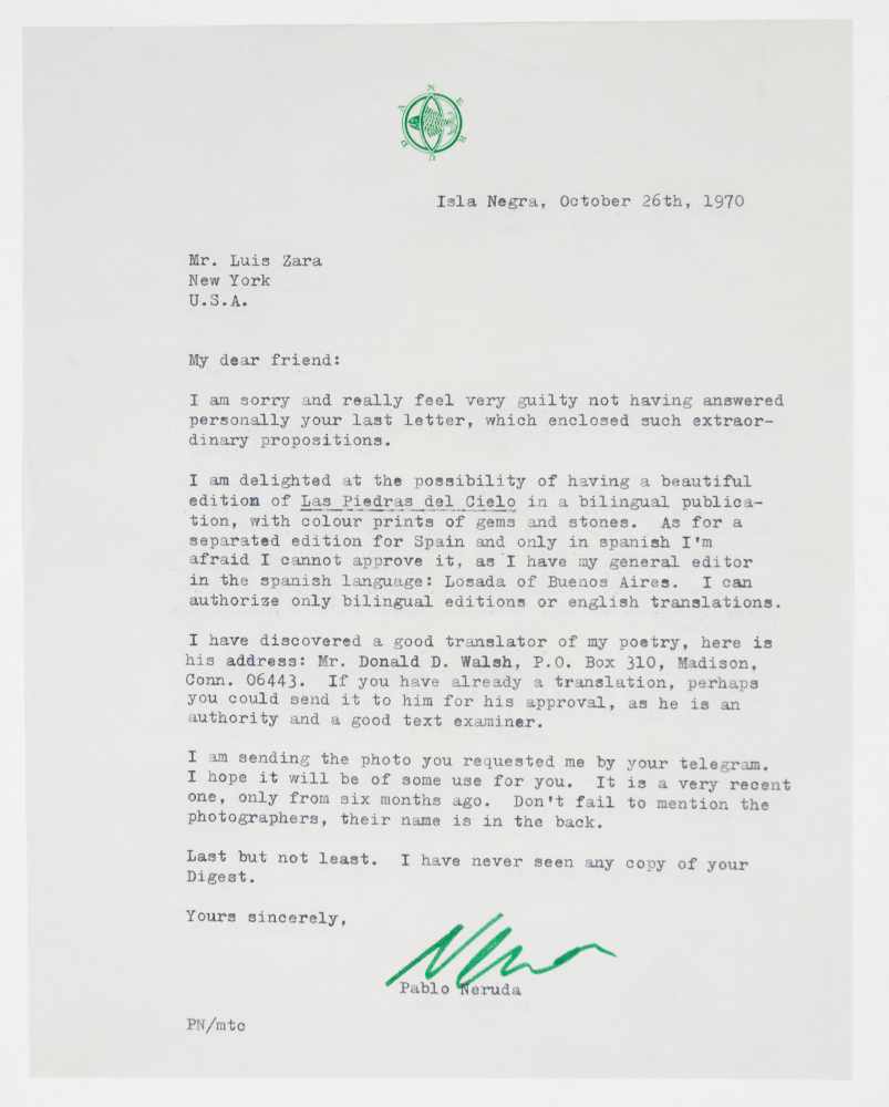 - Letter from Pablo Neruda addressed to Luis Zara, a New York editor of Mineral Digest. Isla