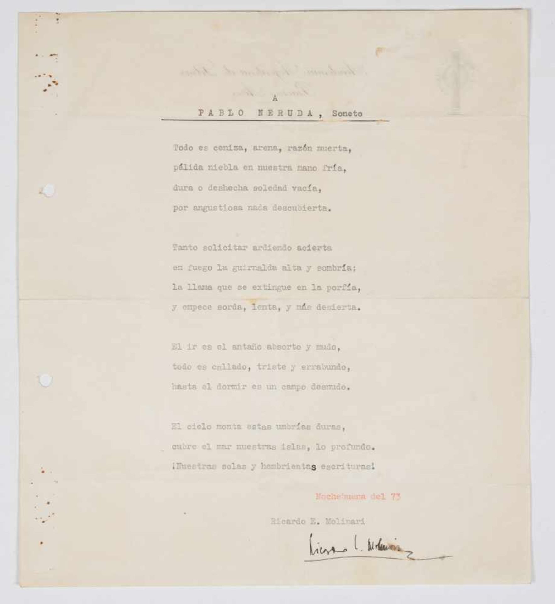 Manuscripts. Molinari, Ricardo E. Text by Ricardo E. Molinari to Pablo Neruda. Sonnet. 4 pages 20 - Bild 6 aus 8