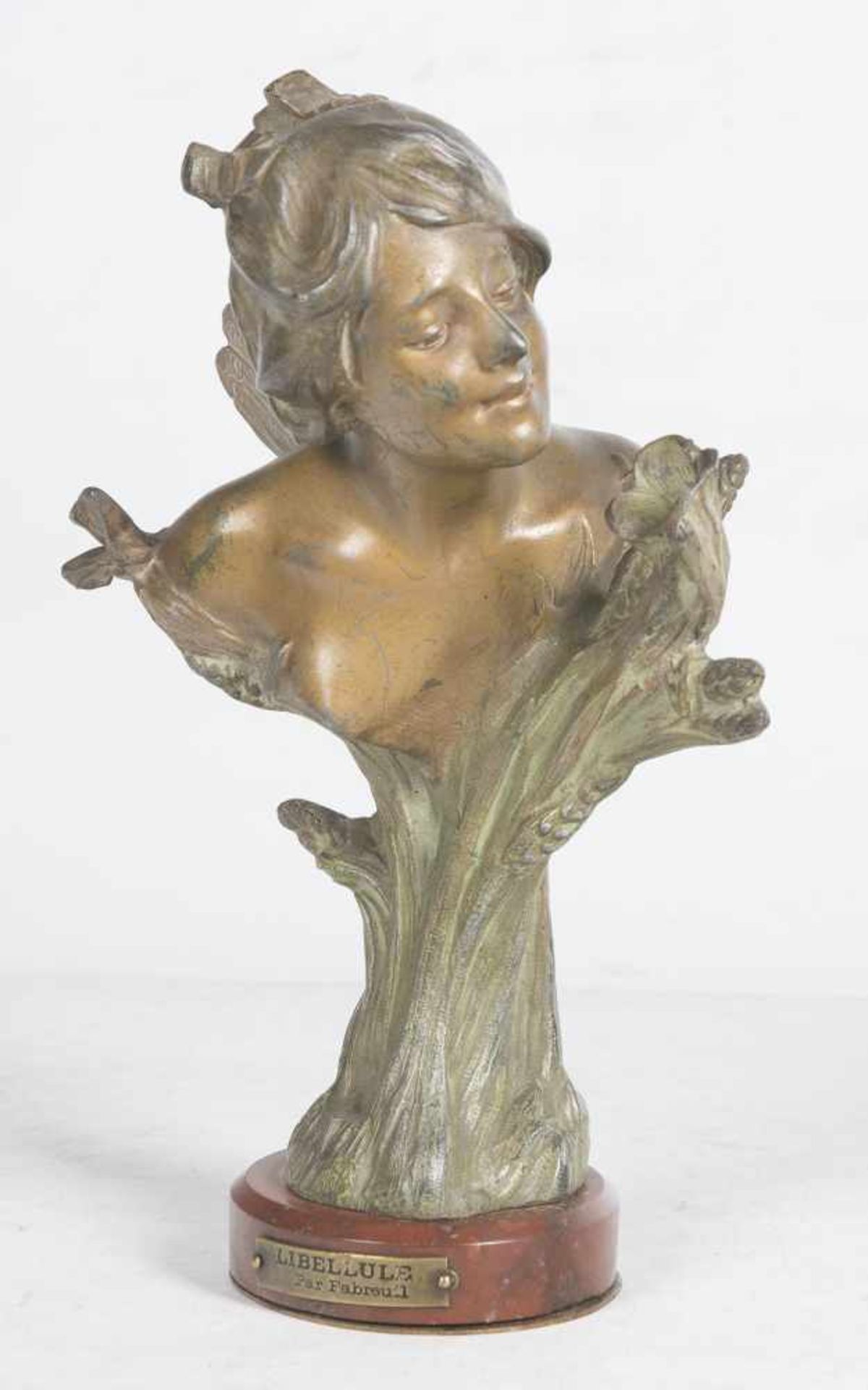 "Libelulle" (Dragonfly). Patinated calamine figure. Signed Fabreuil. France. Art Nouveau. Circa