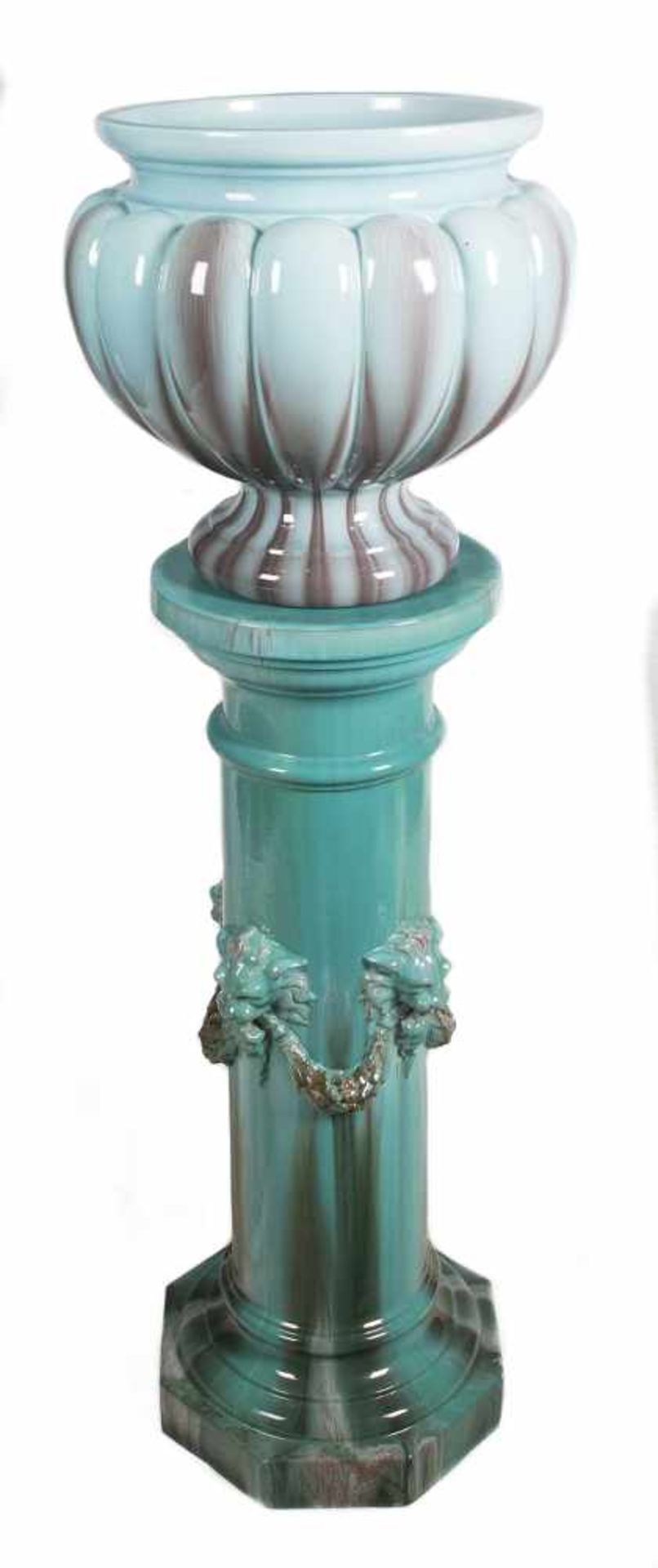 Large enamelled pottery jardinière on a pedestal. Art Nouveau. Circa 1900.