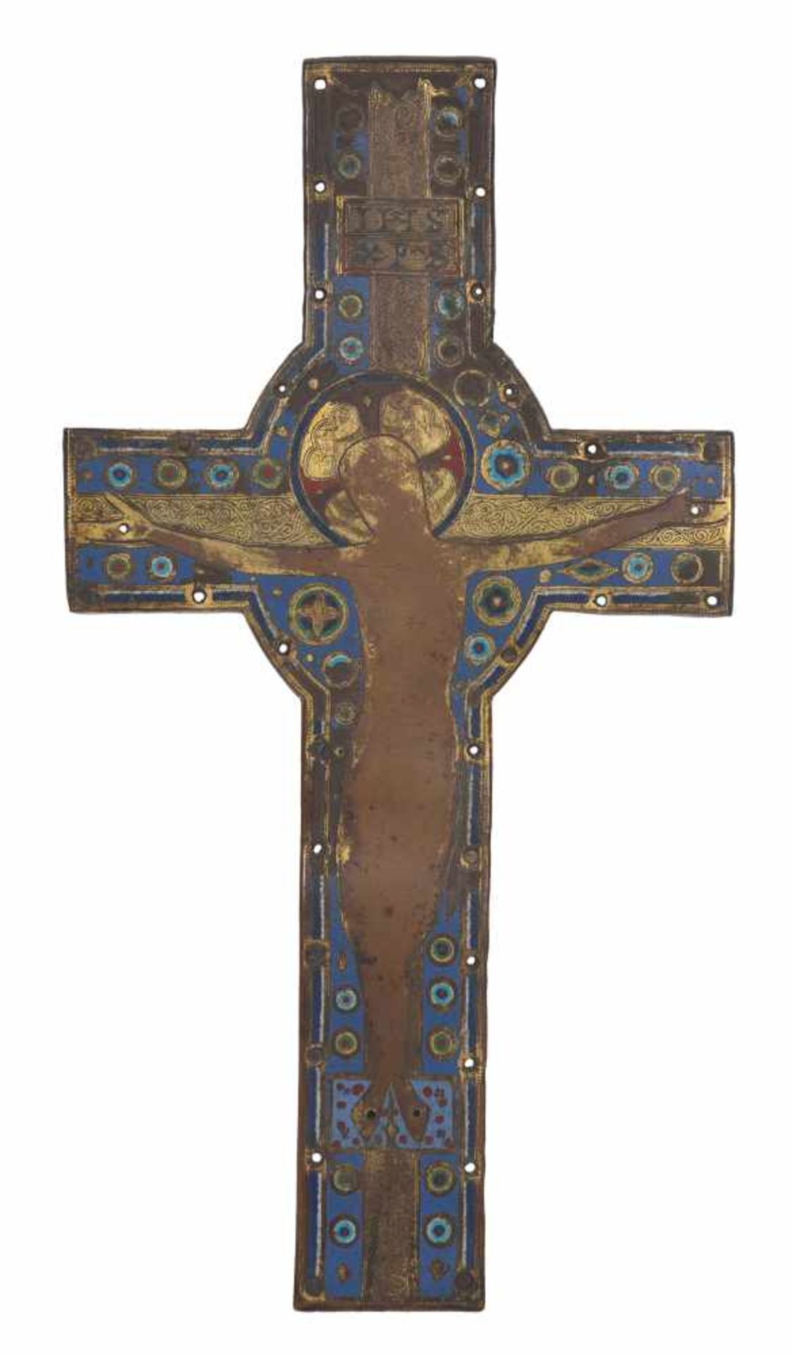 Large, gilded copper cross with champlevé enamel. Limoges. France. Romanesque. Circa 1170 - 1190.