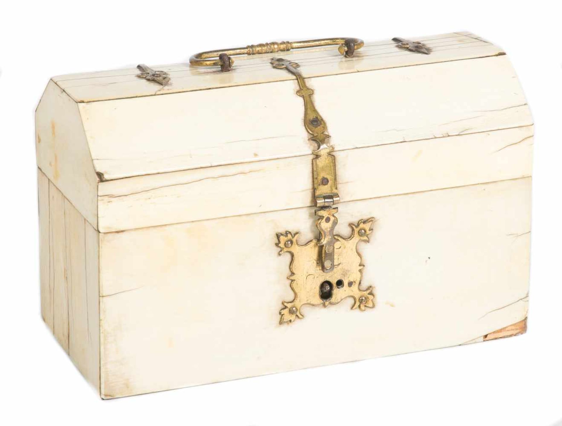 Ivory covered wooden chest with gilded bronze fittings. 16th century.It has a small drawer which can