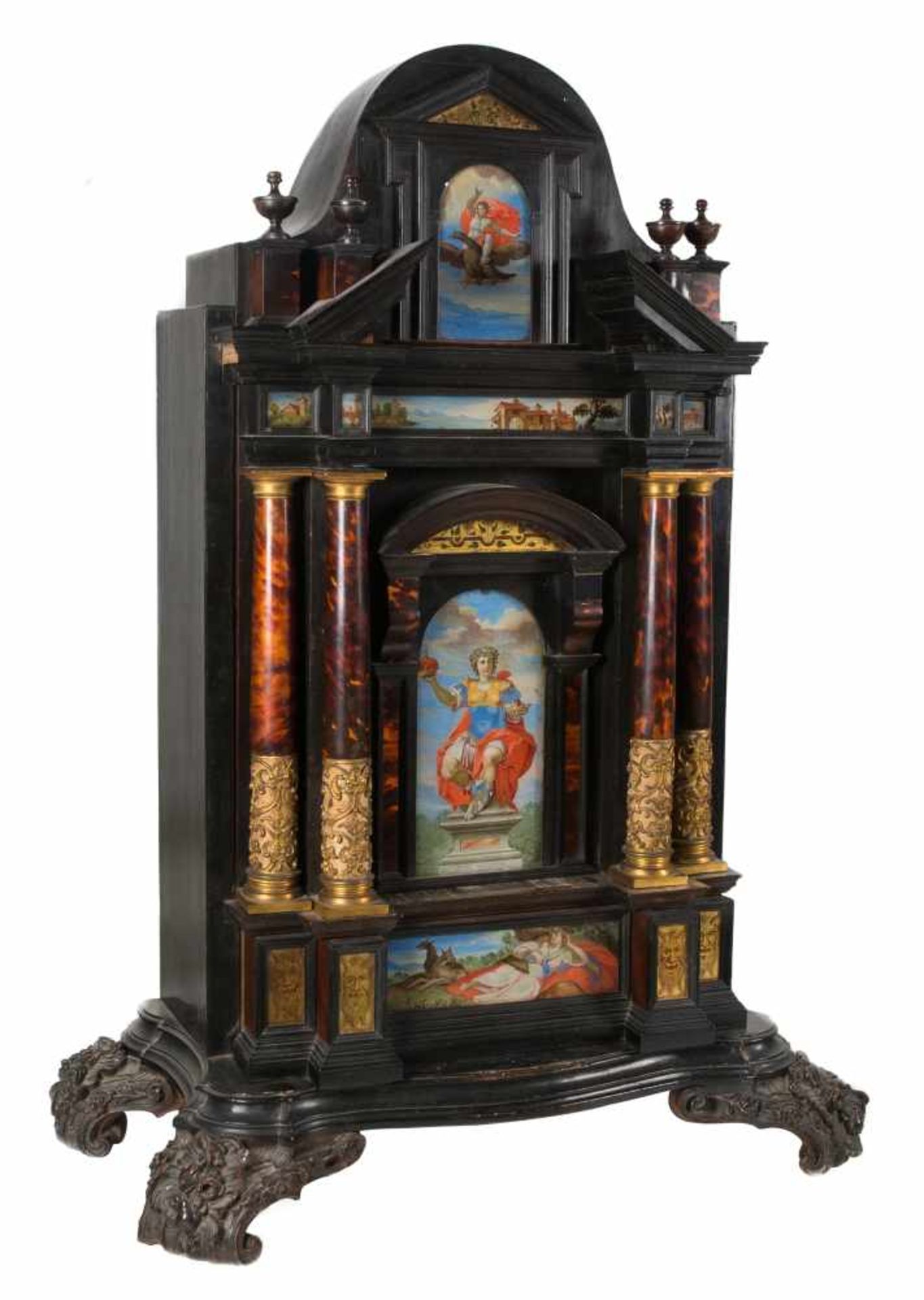 Magnificent stipo in ebonised wood, rosewood, painted glass, verre églomisé, tortoiseshell and