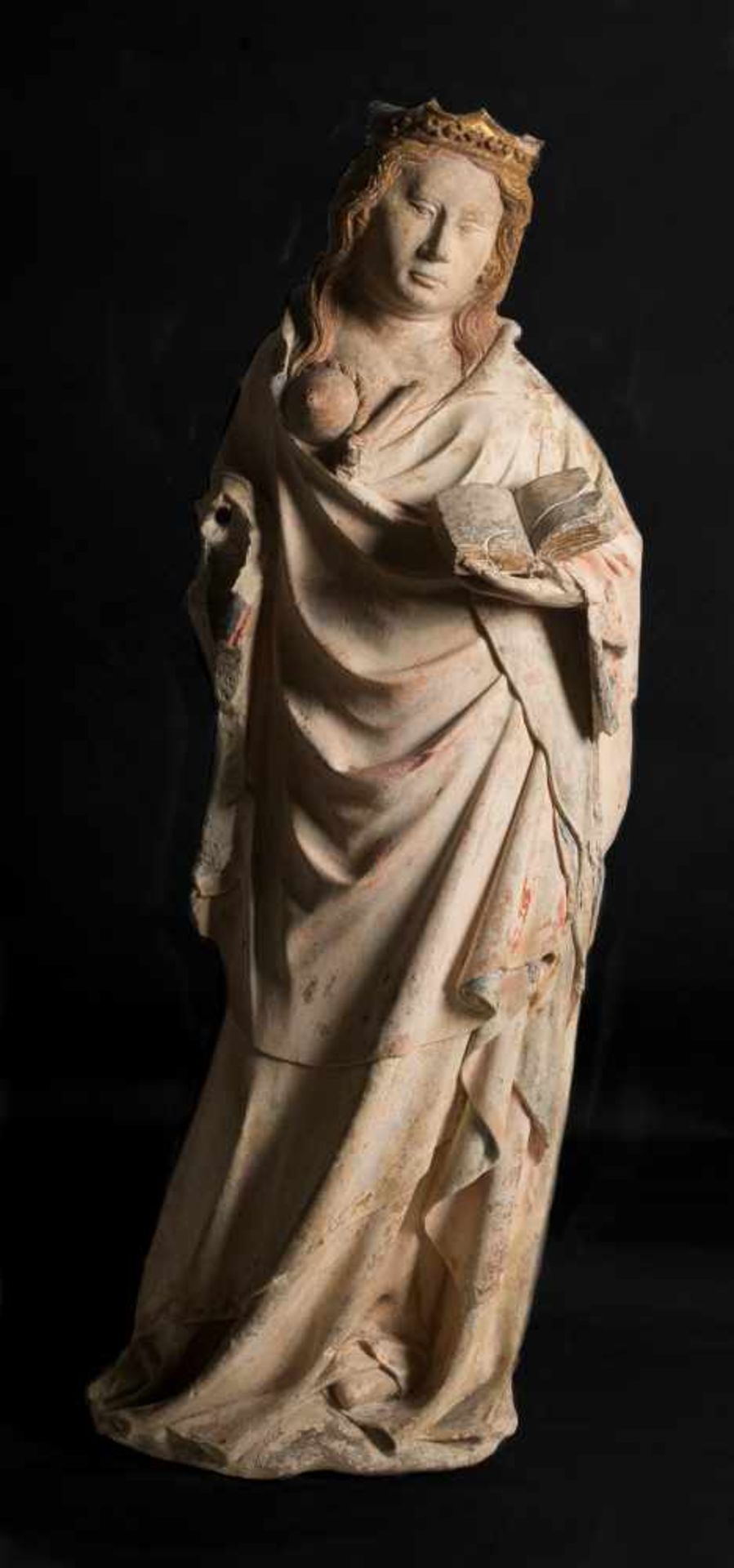 "Saint Agatha". Sculpted stone figure with polychrome and gilt residue. France. Possibly Lorraine. - Bild 4 aus 12