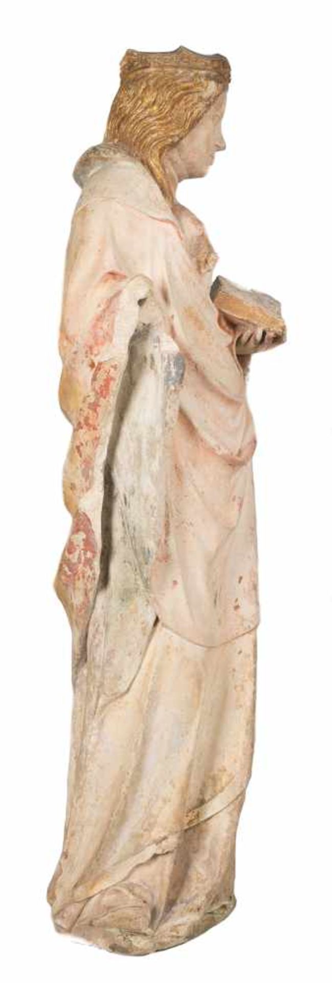 "Saint Agatha". Sculpted stone figure with polychrome and gilt residue. France. Possibly Lorraine. - Bild 6 aus 12