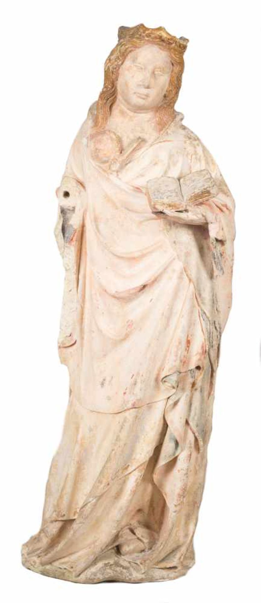 "Saint Agatha". Sculpted stone figure with polychrome and gilt residue. France. Possibly Lorraine.