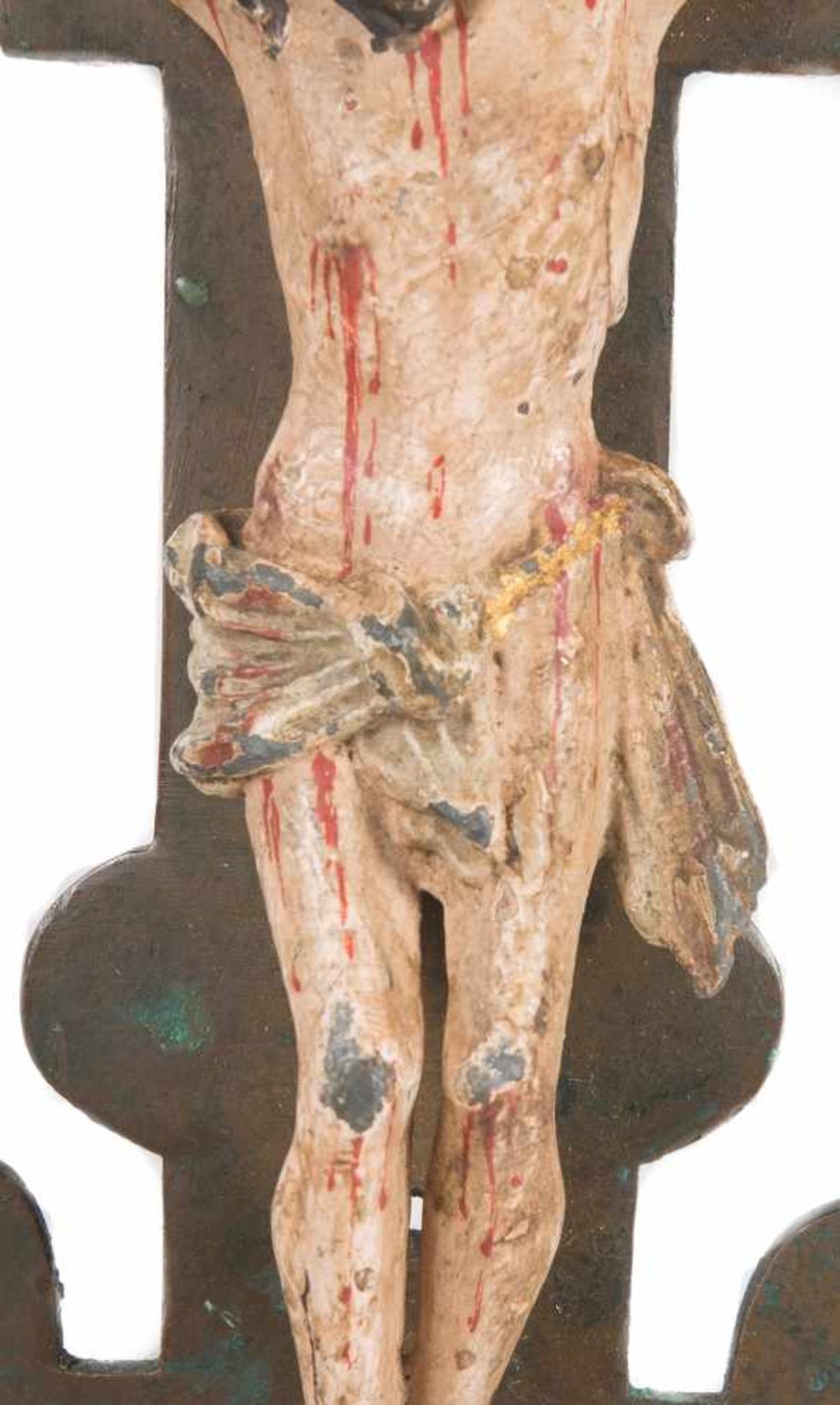 Copper processional crucifix. 15th century. With a polychromed lead figure of Christ with gild - Bild 4 aus 5