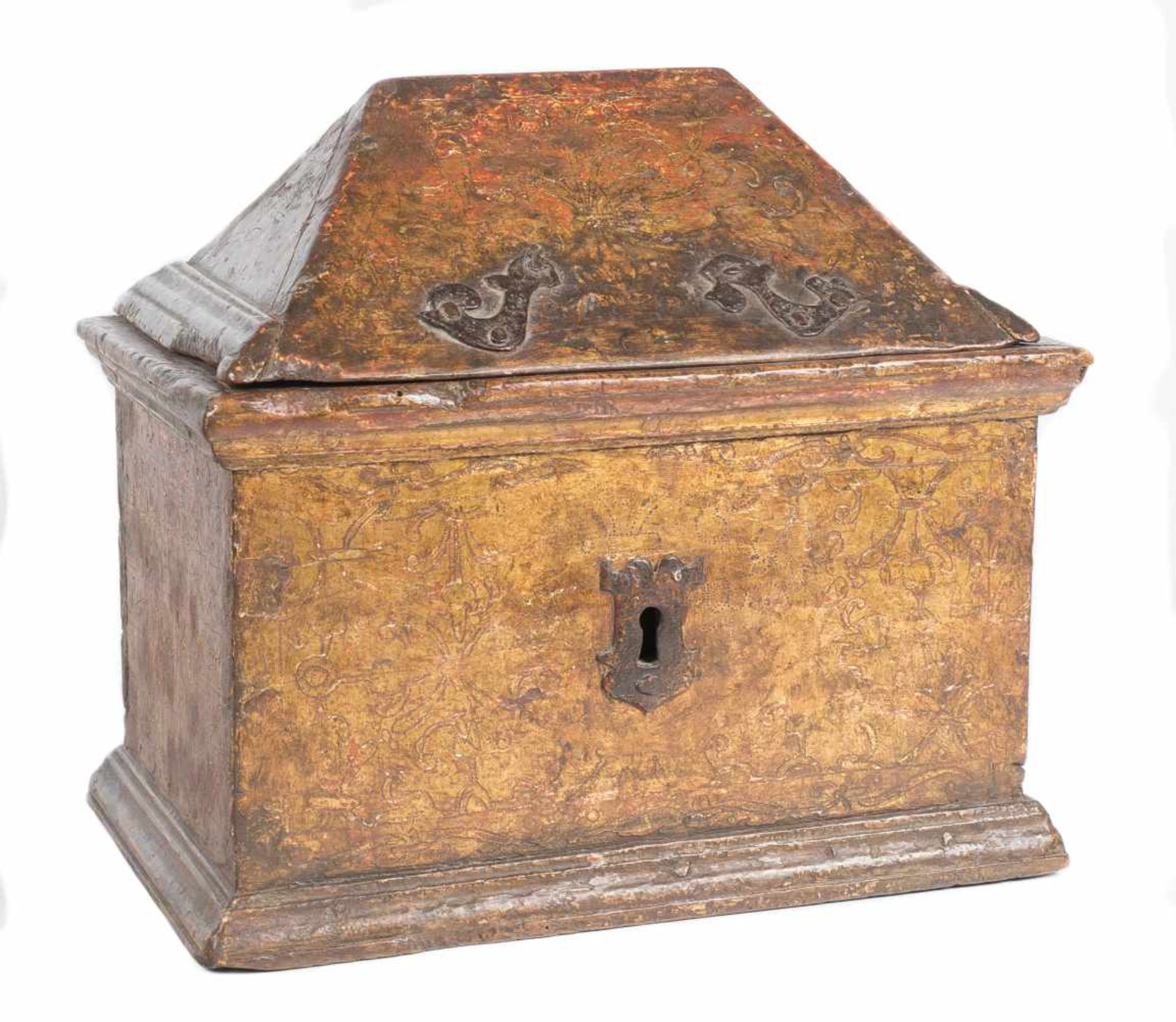 Carved and gilded wooden eucharist chest with iron fittings. 16th century.