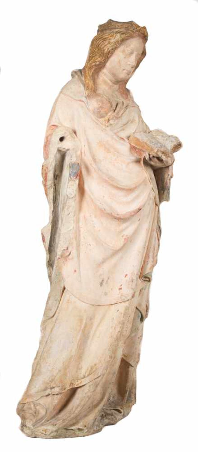 "Saint Agatha". Sculpted stone figure with polychrome and gilt residue. France. Possibly Lorraine. - Bild 5 aus 12