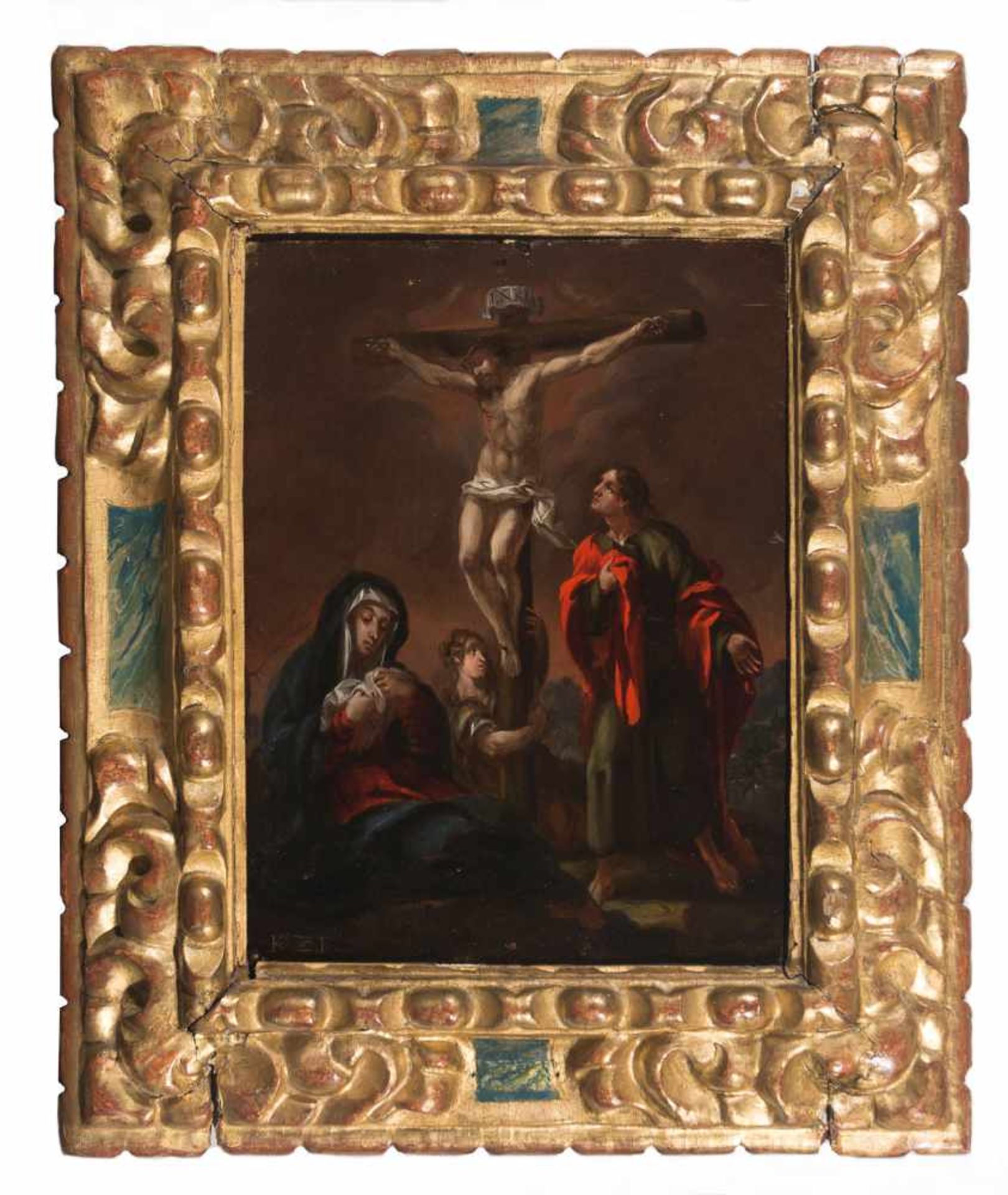 17th century Spanish School."The Crucifixion"Oil on panel. Signed incomplete "FR ZO". With a