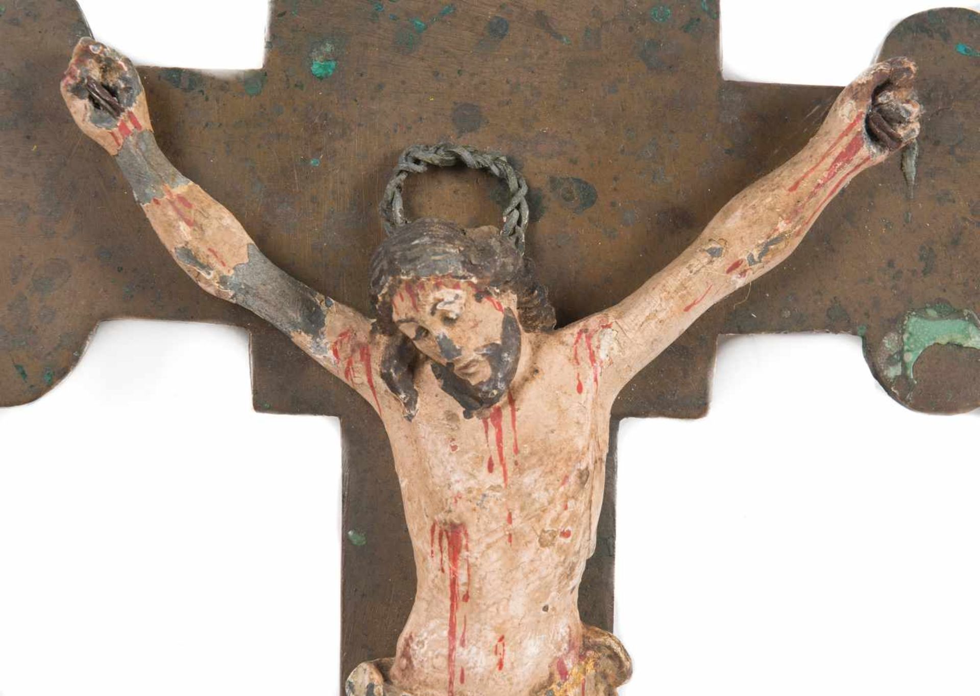 Copper processional crucifix. 15th century. With a polychromed lead figure of Christ with gild - Bild 3 aus 5