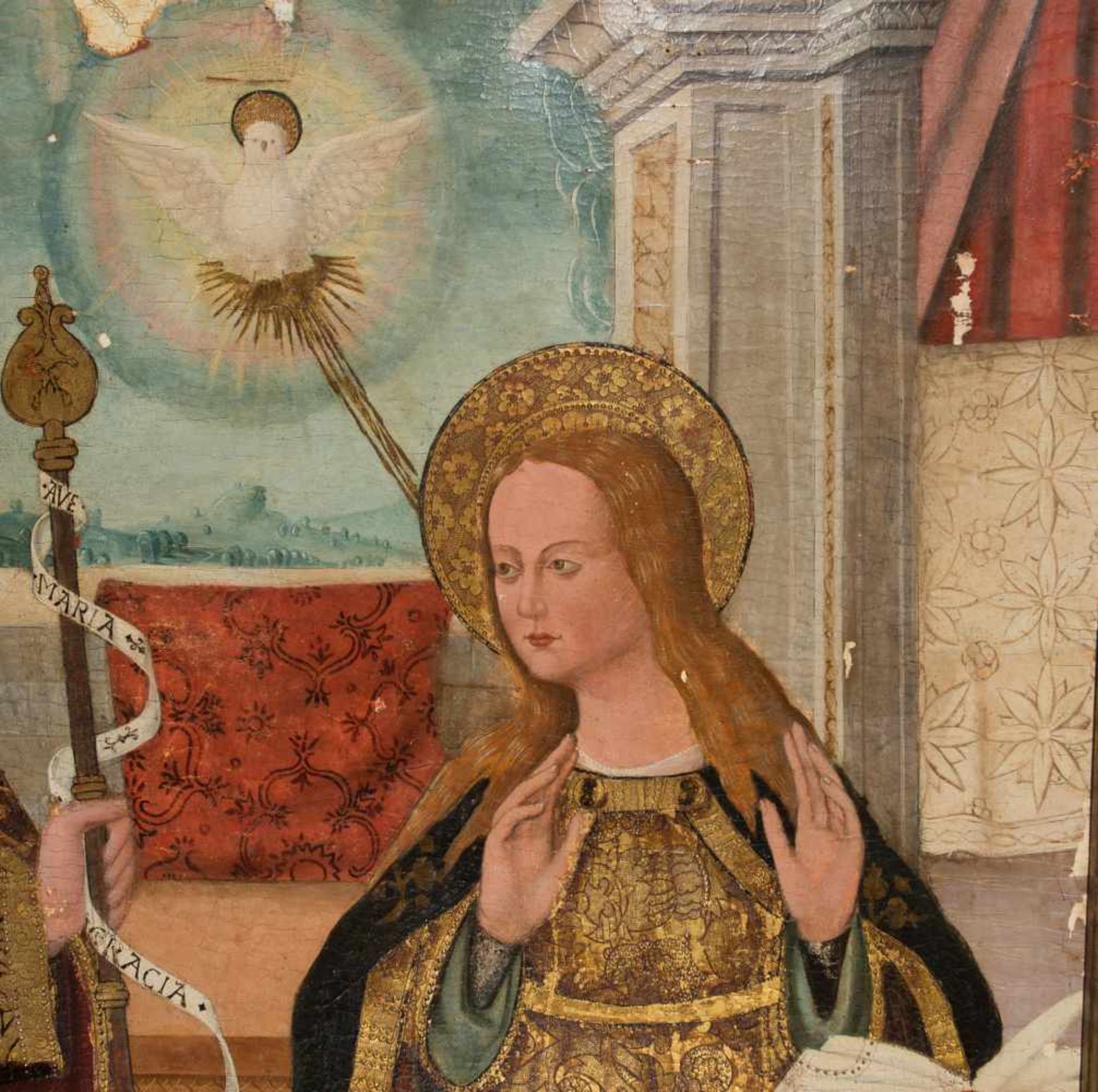 15th century Spanish School. "Annunciation"Tempera and gold on panel. 153 x 87 cm.15th century - Bild 3 aus 6