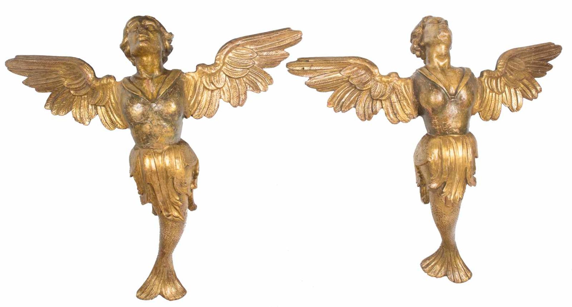 "Siren angels". Pair of carved wooden sculptures. 17th century.