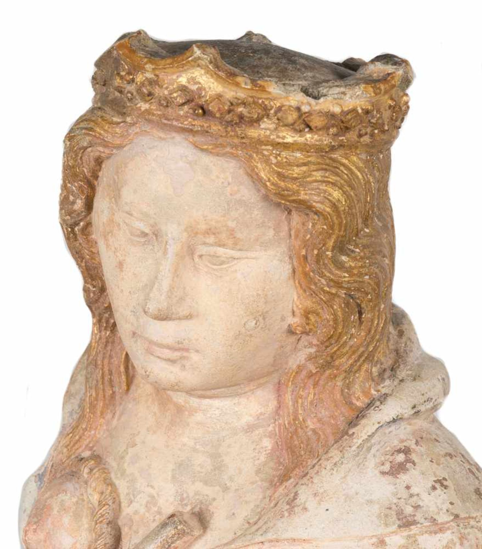 "Saint Agatha". Sculpted stone figure with polychrome and gilt residue. France. Possibly Lorraine. - Bild 9 aus 12