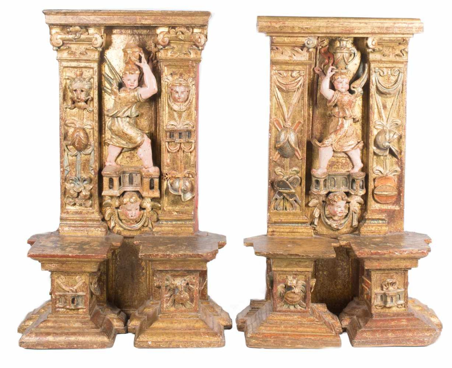 Pair of sections from an altarpiece made of carved, gilded and polychromed wood. Castilian School.